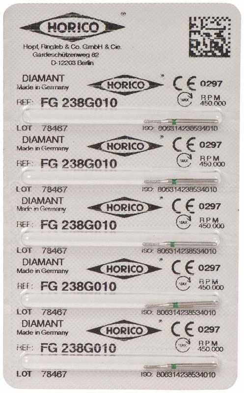 Verpackung von Diamantschleifer FG 238G 010 mit Herstellerangaben.
