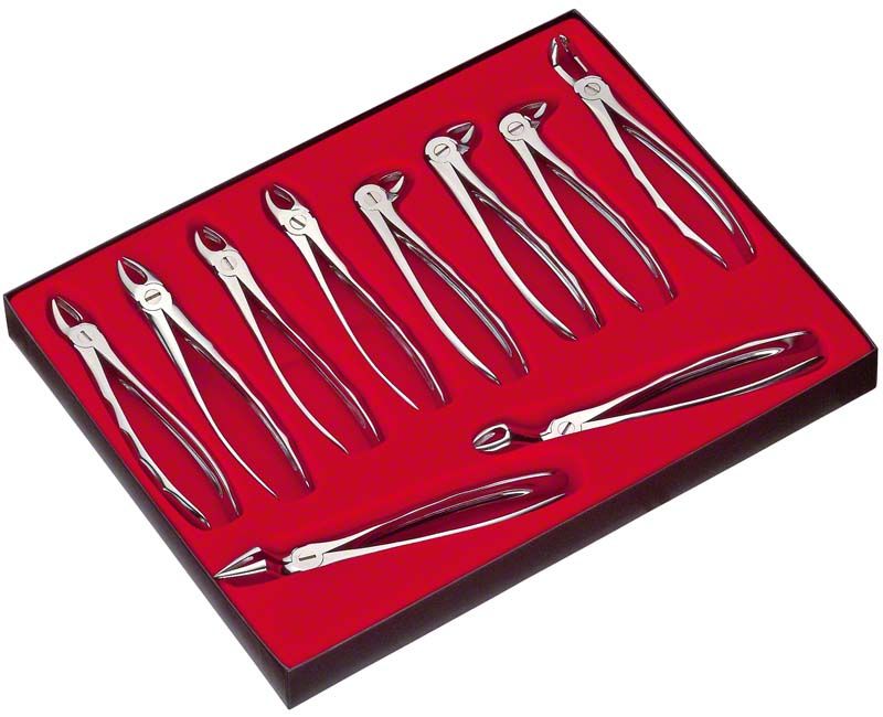 Zahnzangen-Set LiquidSteel® für dentale Extraktionen in rotem Etui.