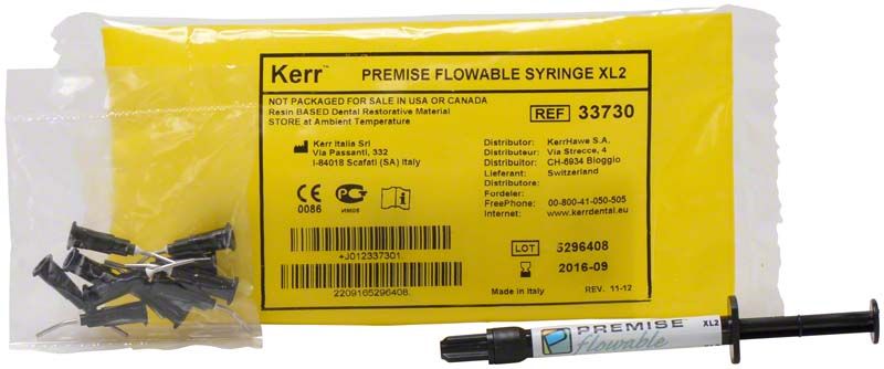 Gelbe Verpackung und Spritze der Premise™ Flowable Spritze XL2 von Kerr.