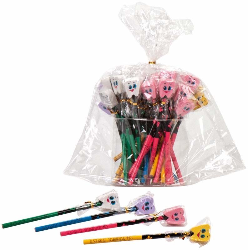 Bunte Bleistifte mit Zahnradiergummi und Aufdruck "I love my teeth".
