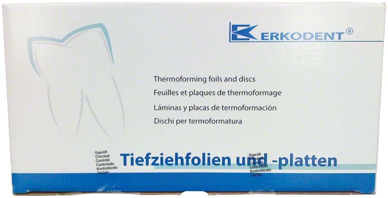 Verpackung der Erkoflex Tiefziehfolien mit Zahn-Symbol und mehrsprachiger Beschriftung.