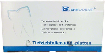 Verpackung der Erkoflex Tiefziehfolien mit Zahn-Symbol und mehrsprachiger Beschriftung.