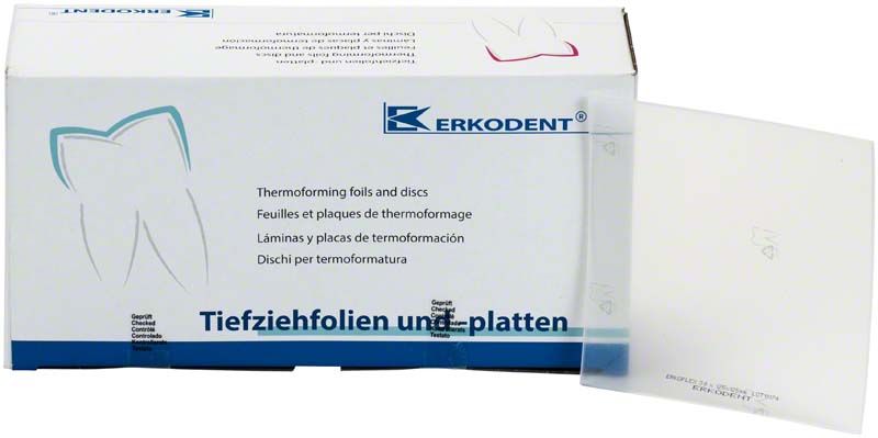 Verpackung von Erkoflex Tiefziehfolien mit transparenter Folie daneben.