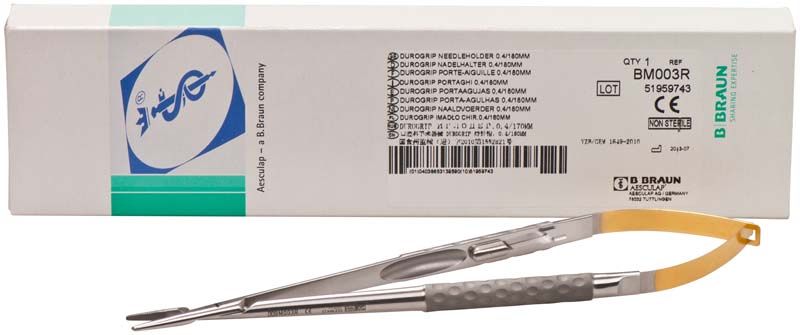 DUROGRIP® Nadelhalter für Nahtmaterial vor Verpackung mit Produktinformationen.