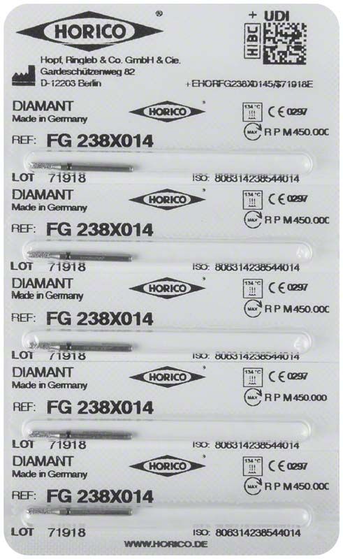 Blisterpackung mit fünf Diamantbohrern FG 238X 014 von Horico.