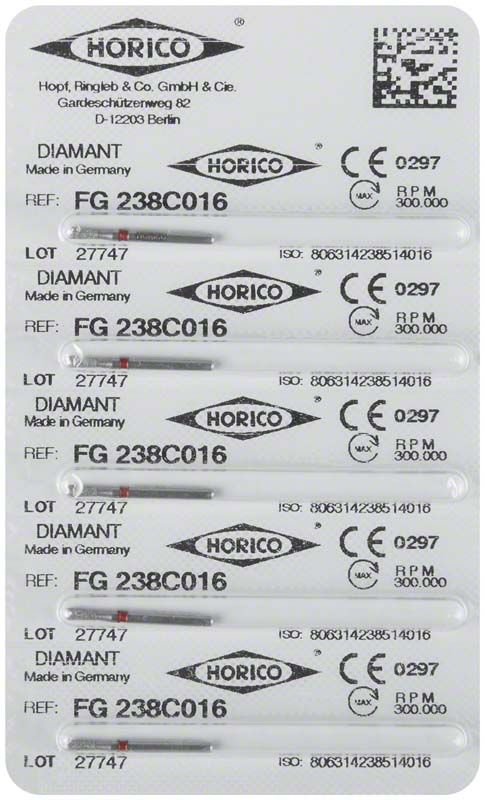 Blisterverpackung mit sechs Diamant-FG-Bohrern Modell FG 238C 016.