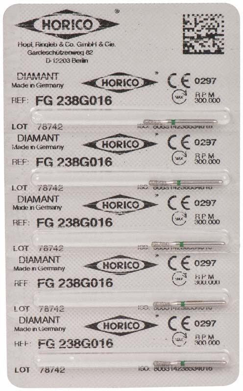 Diamantschleifer FG 238G 016 auf Blisterverpackung mit technischen Details.