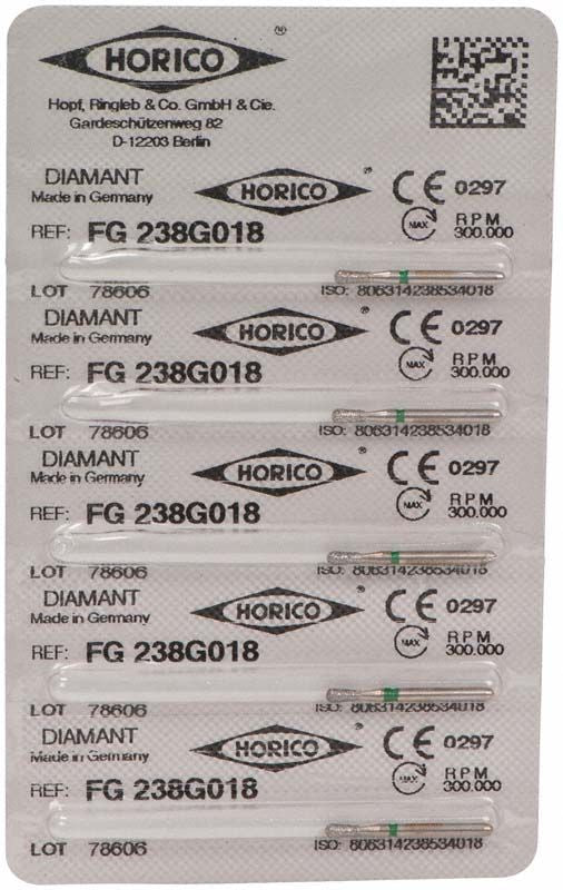 Verpackung von Diamantschleifer FG 238G 018 mit CE-Kennzeichnung.