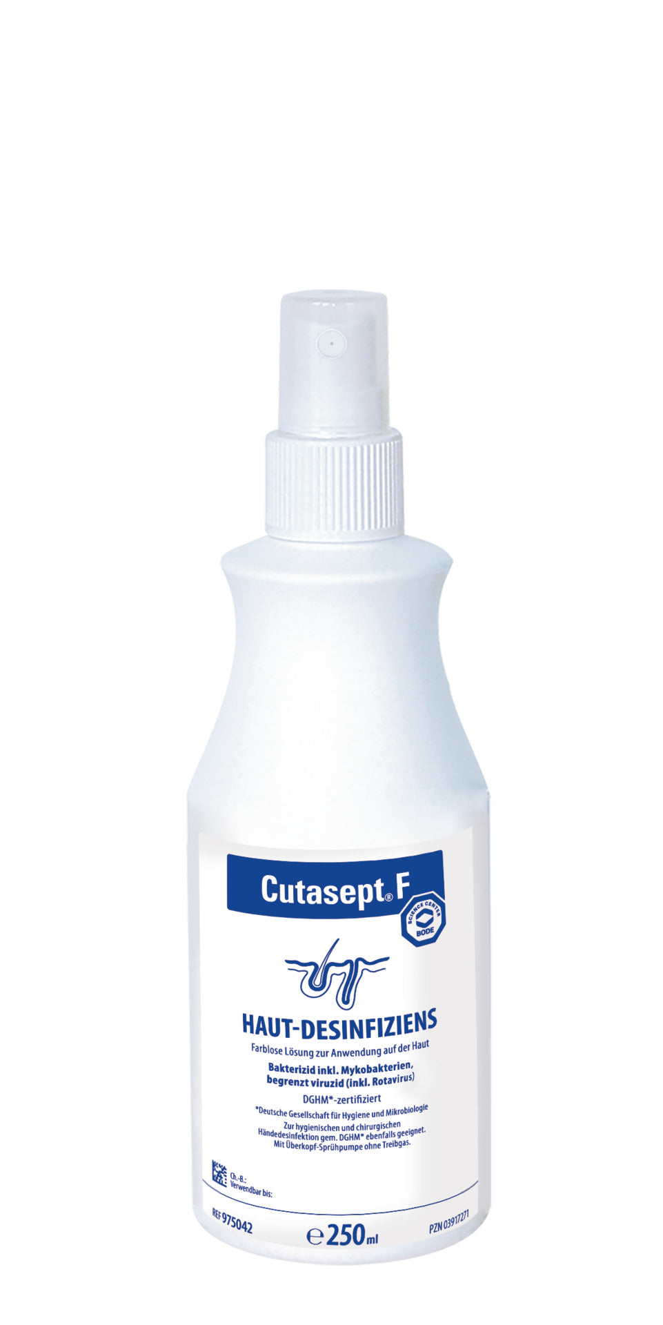 Cutasept F 250 ml farbloses Hautantiseptikum in weißer Sprühflasche.