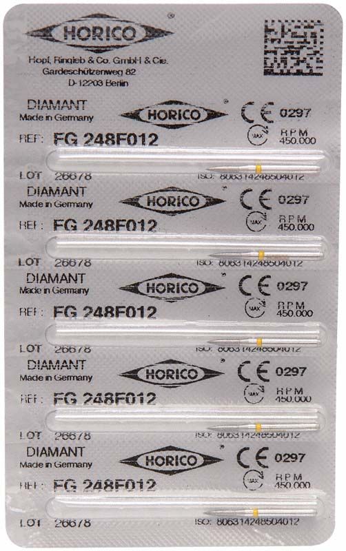 Blisterpackung mit Diamant FG 248F 012 Bohrern für zahnärztliche Anwendungen.