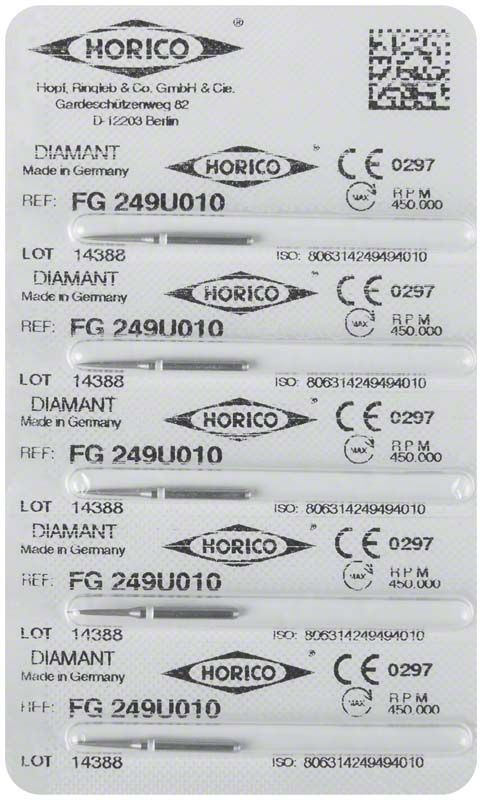 Verpackung von Diamant FG 249U 010 Dentalinstrumenten mit Herstellerinformationen.