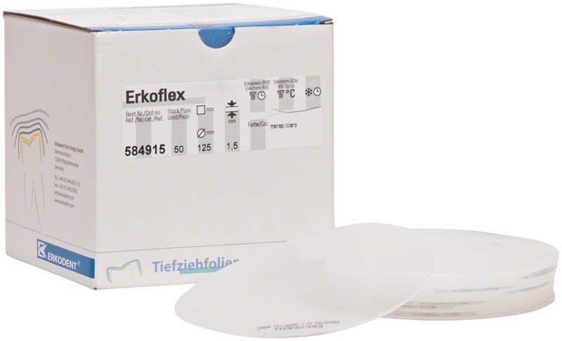 Erkoflex Tiefziehmaterial mit Verpackung und runden, durchsichtigen Folien.