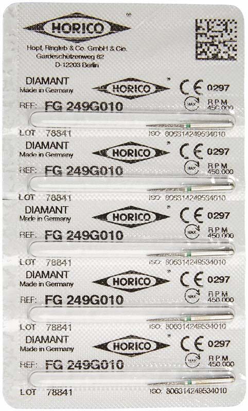 Verpackung von Diamant FG 249G 010 Schleifinstrumenten, sterilisiert, mit CE-Kennzeichnung.