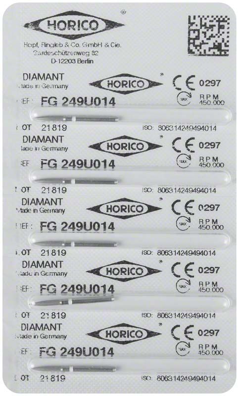 Verpackung von Diamant FG 249U 014 Dentalbohrern mit Herstellerinformationen.