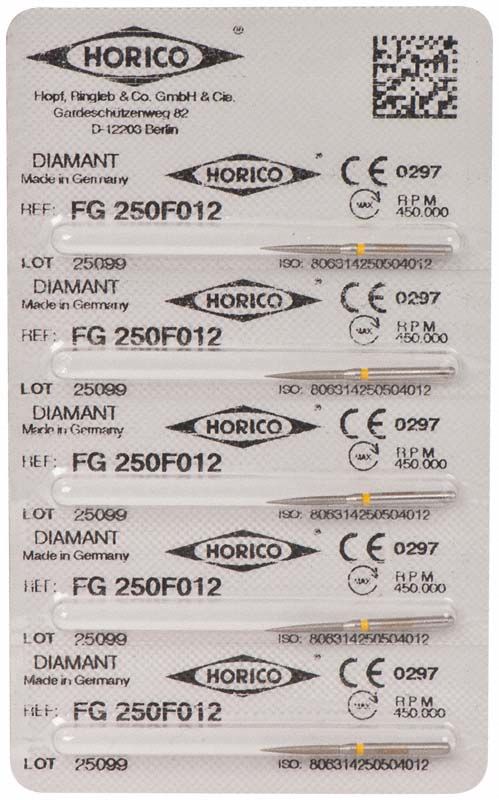 Verpackung der Diamantschleifer Diamant FG 250F 012, fünf Stück.