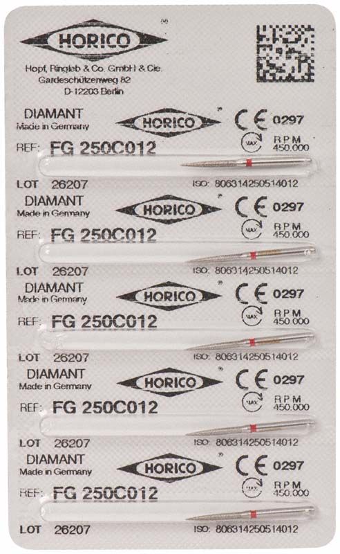 Verpackung von Diamantschleifer Diamant FG 250C 012 mit CE-Kennzeichnung.