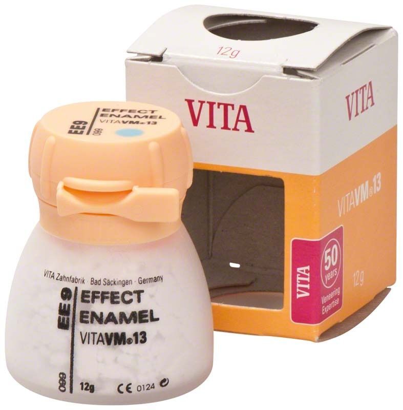 VITA VM13 Effekt-Emaille EE9 Keramikpulver mit Verpackung im Hintergrund.