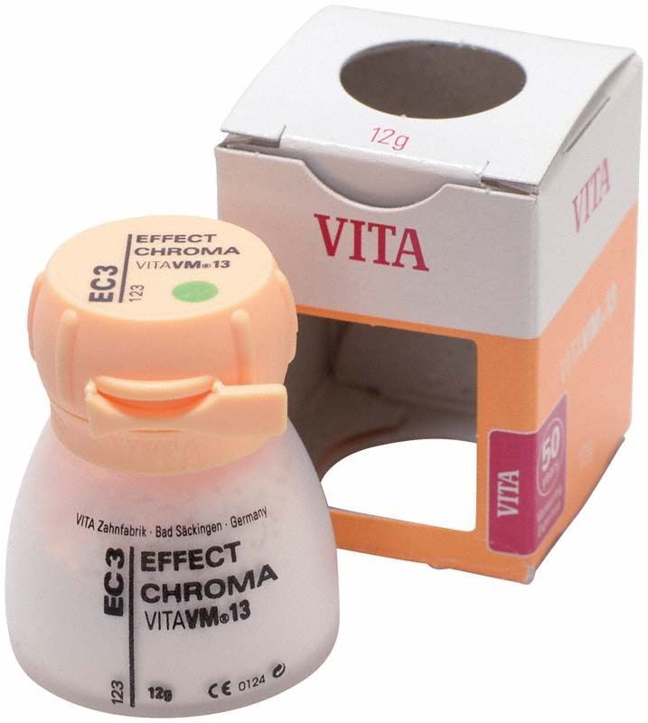 VITA VM13 Effect Chroma EC3 Pulver in weißer Kunststoffdose mit Verpackung.