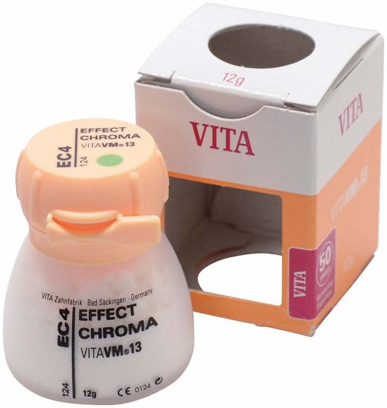 Keramikpulver VM13 Effect Chroma EC4 neben geöffneter Verpackung.