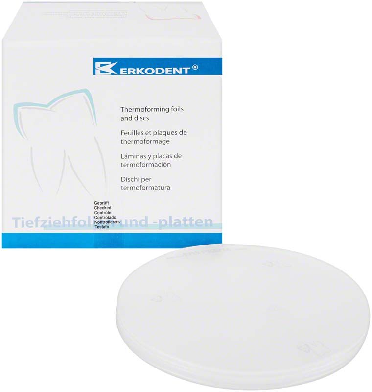 Erkoflex Tiefziehmaterialscheiben mit Verpackung für dentalmedizinische Anwendungen.