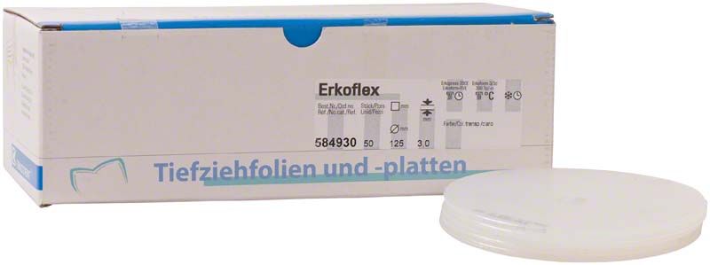 Erkoflex-Tiefziehmaterial Ø 125 x 3,0mm neben Verpackung mit Produktinformationen.