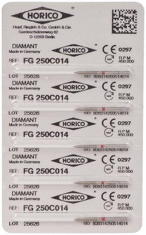 Verpackung von Diamantschleifer FG 250C 014 mit CE-Kennzeichnung.