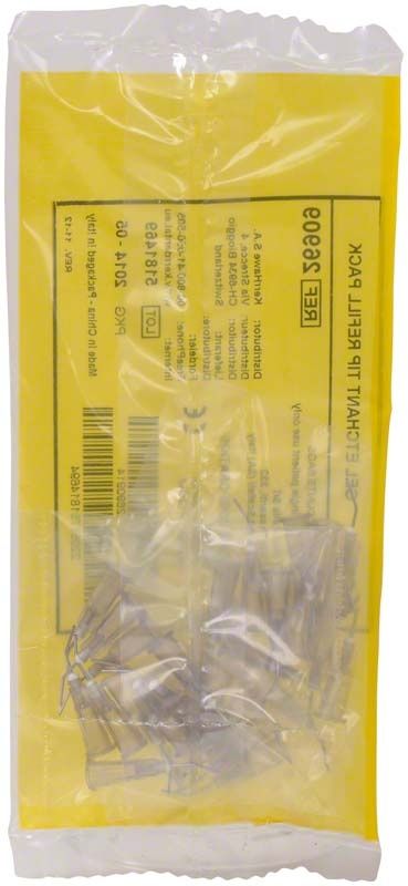 Einweg-Spritzenaufsätze in transparenter Verpackung mit gelbem Etikett.