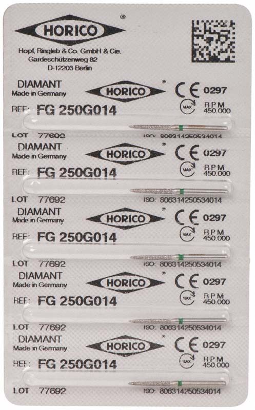 Verpackung von Diamant FG 250G 014 Schleifinstrumenten mit Herstellerangaben.