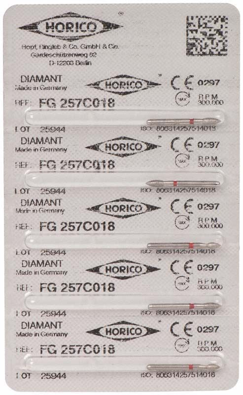 Blisterverpackung von Diamantschleifern FG 257C 018 für den dentalen Einsatz.