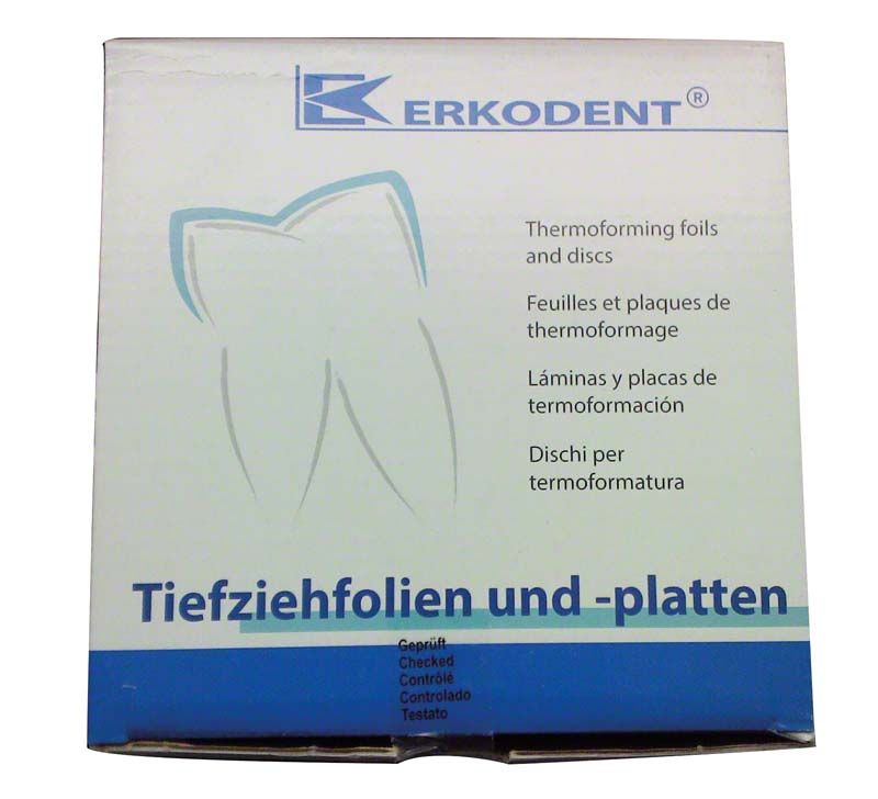 Erkodent Tiefziehfolien- und plattenverpackung mit mehrsprachiger Beschriftung.