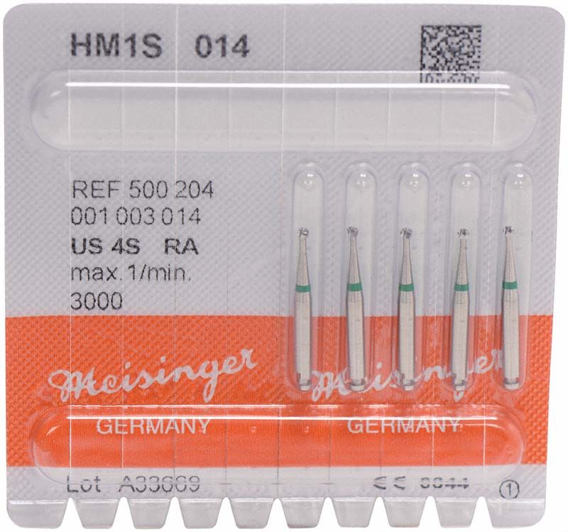 Hartmetallbohrer 1S 014 in Blisterpackung für dentale Anwendungen.
