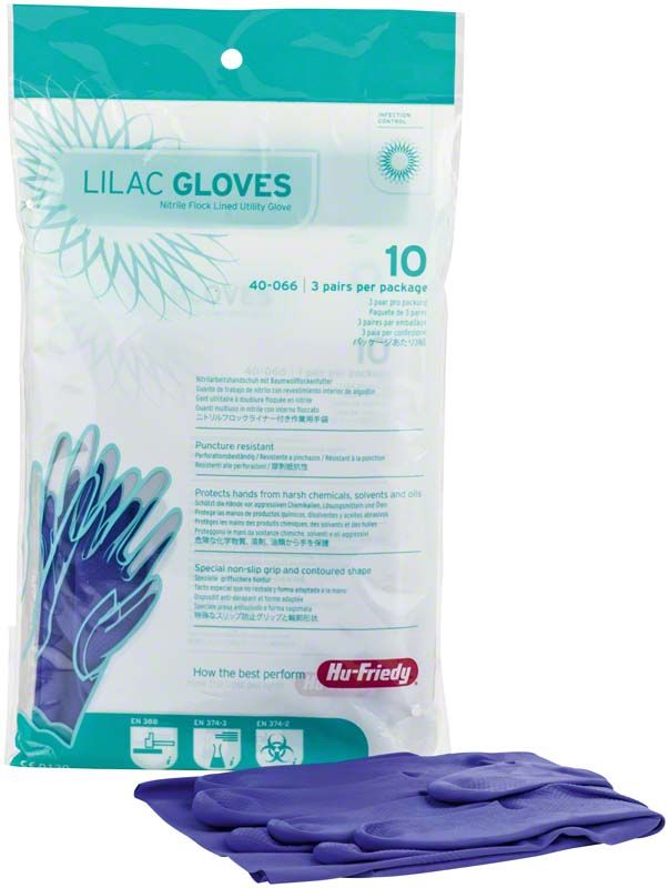 Lila Nitrilhandschuhe Größe 10, verpackt in Kunststoffbeutel.