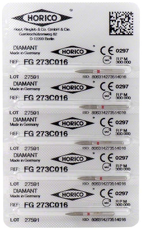 Verpackung mit Diamant FG 273C 016 Schleifinstrumenten, CE-zertifiziert.