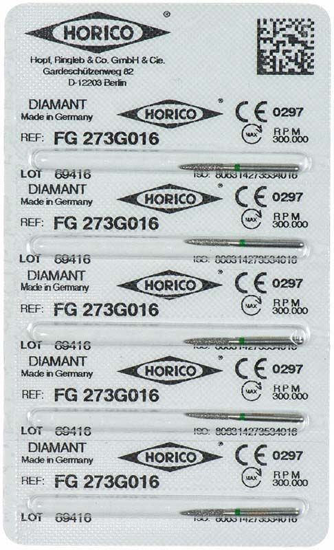 Blisterpackung mit fünf Diamant Instrumenten FG 273G 016 von Horico.