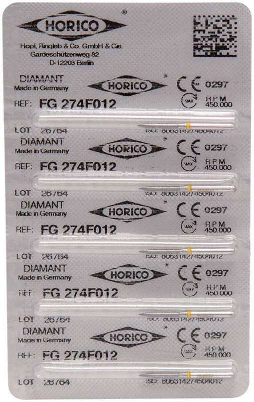 Blisterverpackung mit mehreren Diamantschleifern FG 274F 012 für Zahnmedizin.