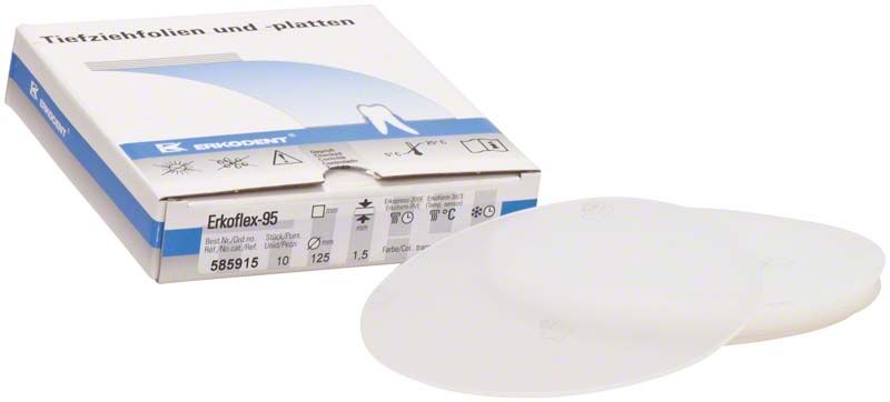 Erkoflex 95 Tiefziehfolie, Ø 125mm x 1,5mm, Verpackung und Folien sichtbar.