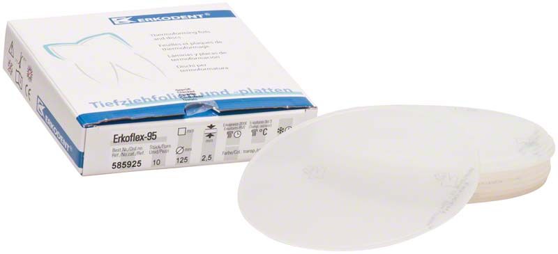 Erkoflex 95 Tiefziehfolie und -platten mit Verpackung und runden Folien.