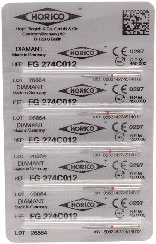 Blisterpackung mit Diamantschleifer FG 274C 012 für Dentalmedizin.