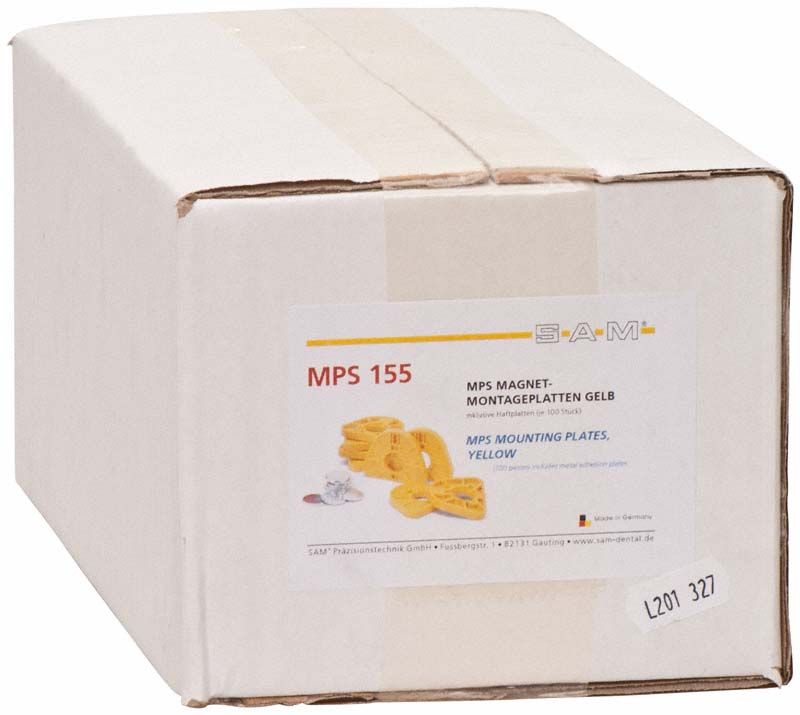MPS Montageplatten gelb Verpackung mit Produktetikett und Logo.