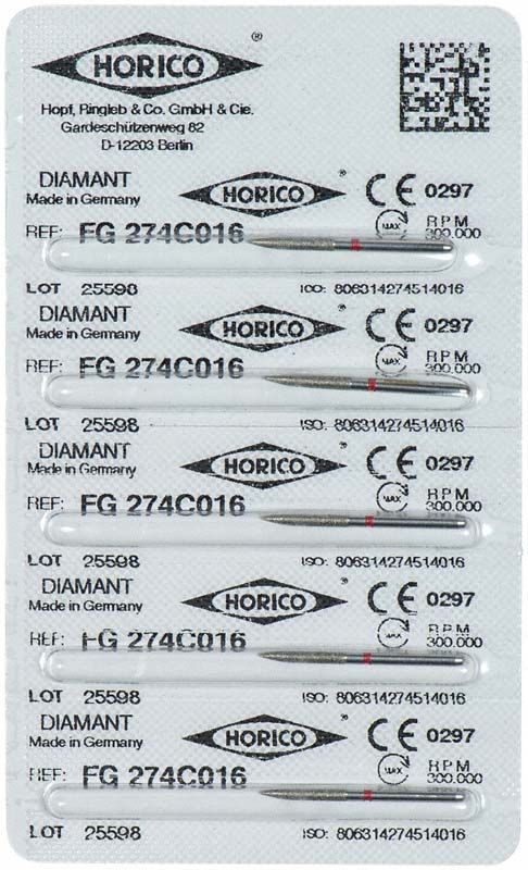 Verpackung mit sechs Diamant FG 274C 016 Schleifinstrumenten.