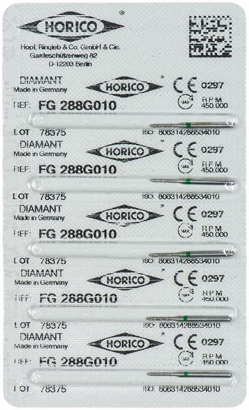 Blisterverpackung mit Diamant FG 288G 010 Schleifinstrumenten.