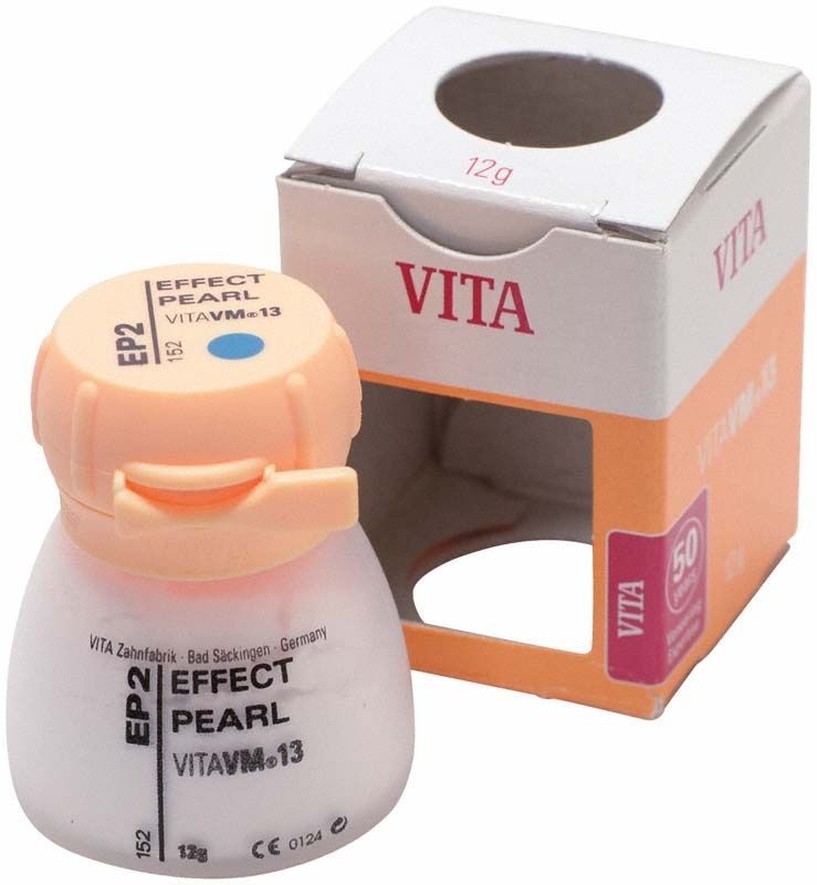 Weiße Dose mit orangefarbenem Deckel, beschriftet als "VM13 Effect Pearl EP2".