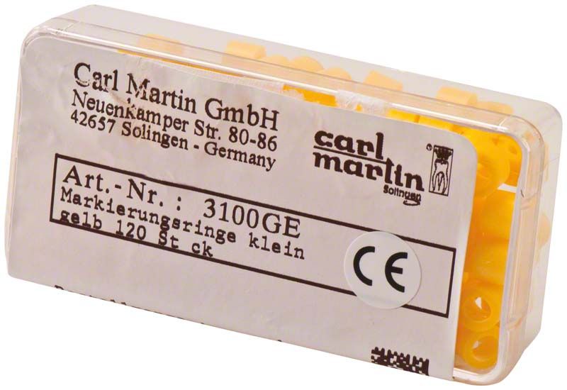 Markierungsringe Mini Ø 3mm gelb in transparenter Kunststoffverpackung von Carl Martin GmbH.