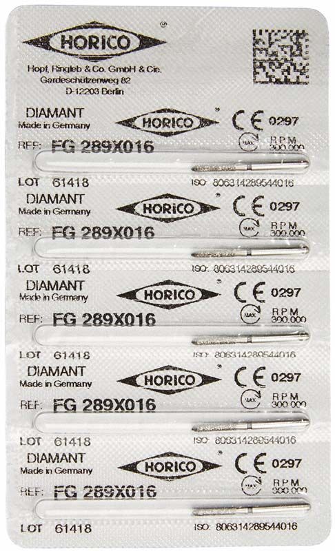 Verpackung mit sechs Diamantfräsen FG 289X 016 von Horico.