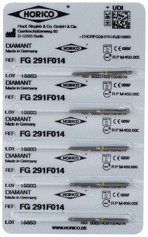Blisterpackung mit Diamant FG 291F 014 Schleifkörpern für zahnmedizinische Anwendungen.