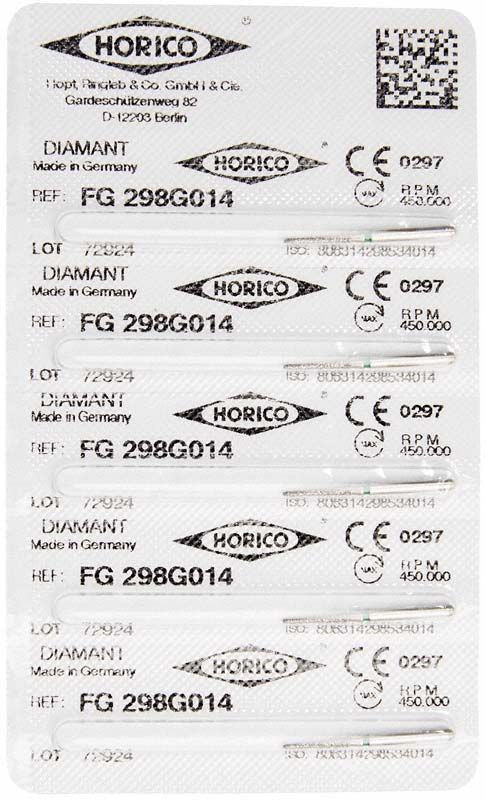 Blisterpackung mit Diamant FG 298G 014 Dentalfräsen von Horico.