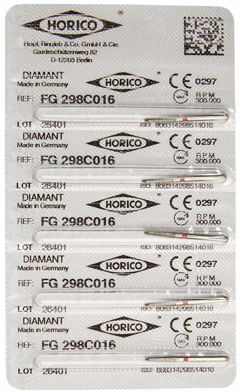 Blisterpackung mit Diamant FG 298C 016 Dentalinstrumenten.