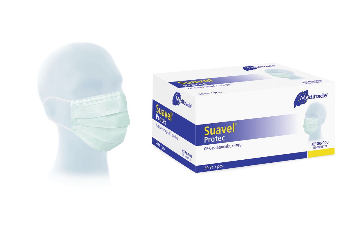 Suavel® Protec Typ II OP-Maske, grün, in Verpackung und auf Modellkopf.