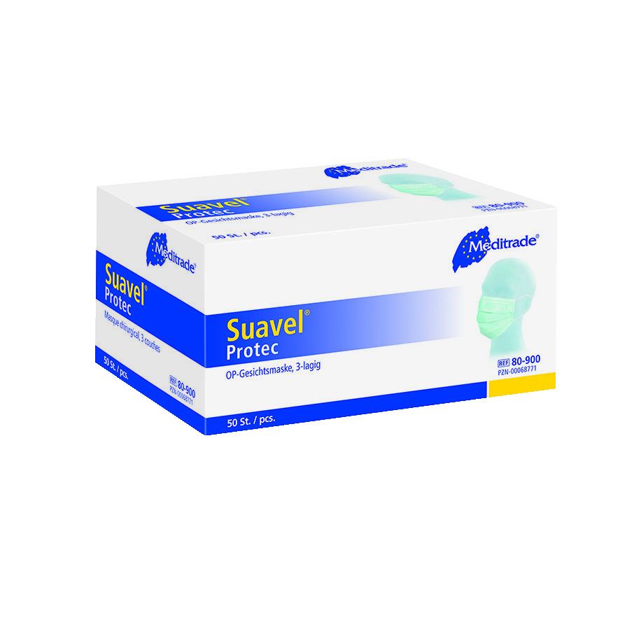 Suavel® Protec Typ II grüne OP-Maskenverpackung mit Produktinformationen.