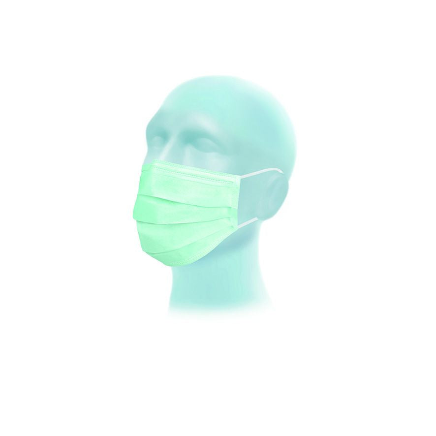 Grüne OP-Maske Suavel® Protec Typ II auf Modellkopf.